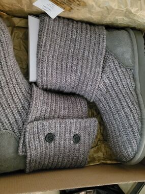 UGG Grey Knit Fold-Over Ankle Boots with Button Detail